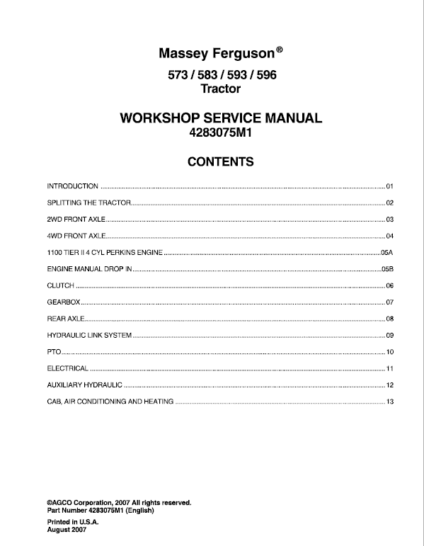 Massey Ferguson 573, 583, 593, 596 Tractor Service Manual Workshop Guide