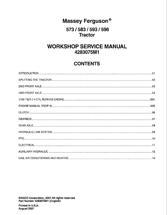 Massey Ferguson 573, 583, 593, 596 Tractor Service Manual Workshop Guide