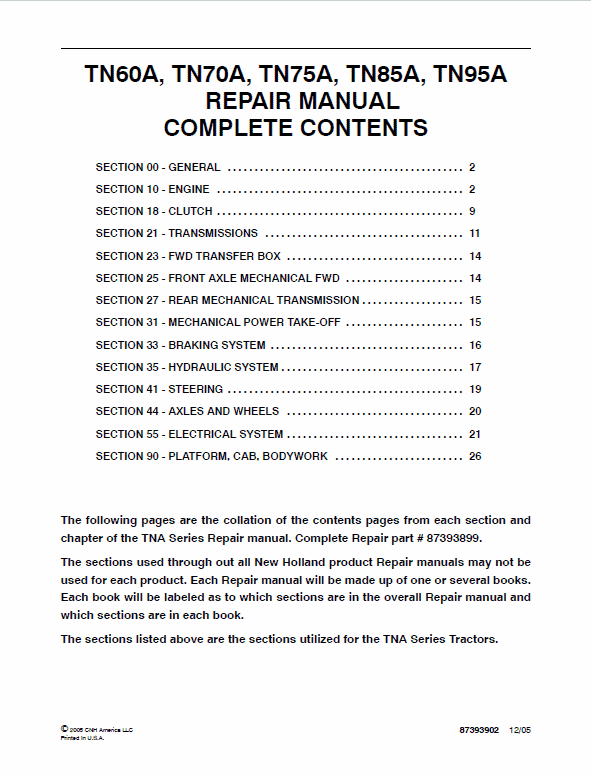 New Holland TN60A, TN70A, TN75A, TN85A, TN95A Tractor Service Manual Workshop Guide