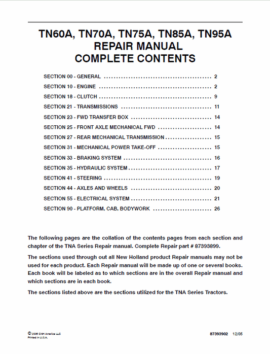 New Holland TN60A, TN70A, TN75A, TN85A, TN95A Tractor Service Manual Workshop Guide