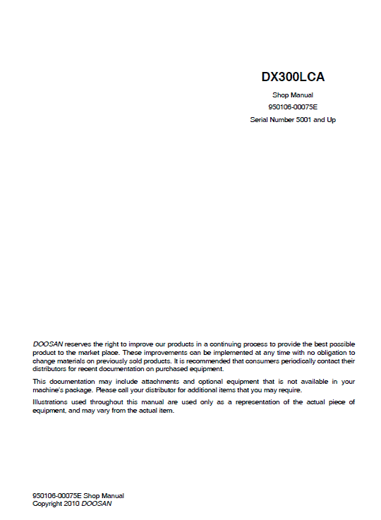 Doosan DX300LCA Excavator Service Manual Workshop Guide