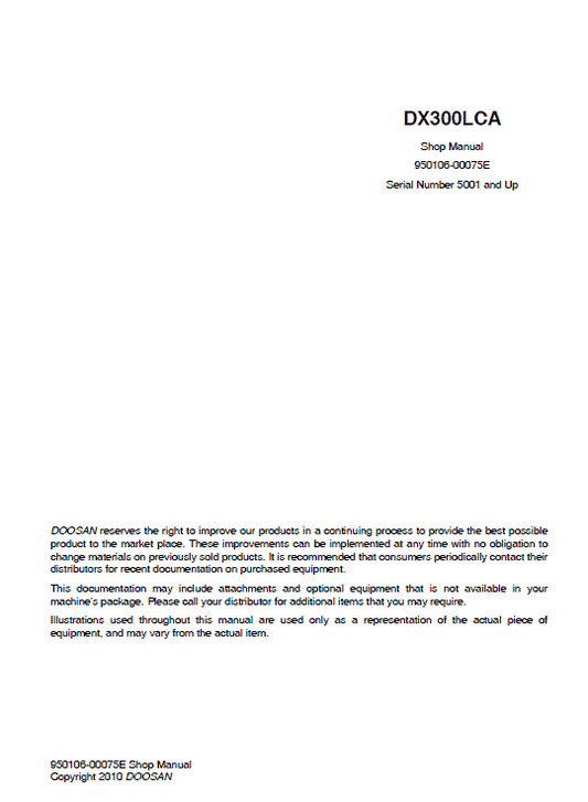 Doosan DX300LCA Excavator Service Manual Workshop Guide