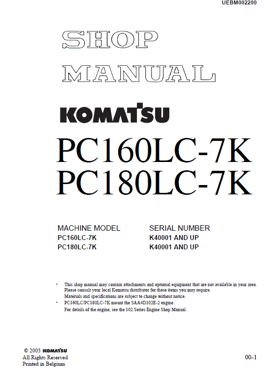 Komatsu PC160LC-7K, PC180LC-7K Excavator Service Manual Workshop Guide