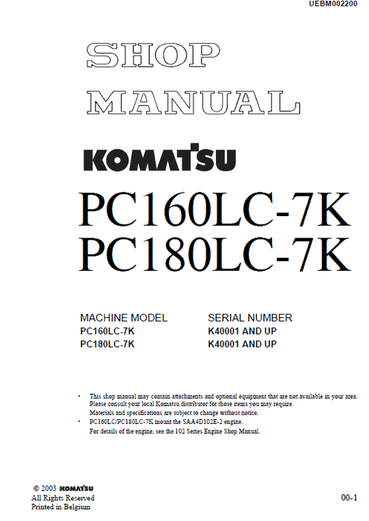 Komatsu PC160LC-7K, PC180LC-7K Excavator Service Manual Workshop Guide