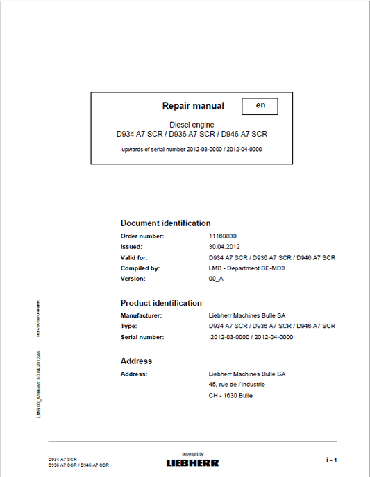 Liebherr D934 A7 SCR, D936 A7 SCR, D946 A7 SCR Engine Service Manual