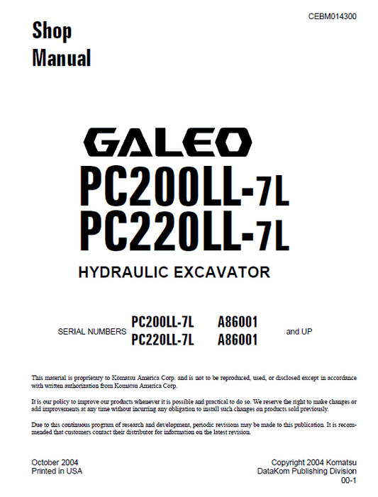 Komatsu PC200LC-7L and PC220LC-7L Service Manual Workshop Guide