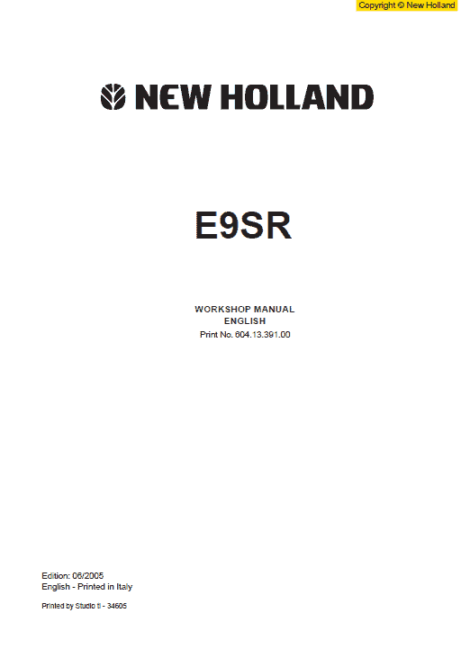 New Holland E9SR Mini Excavator Service Manual Workshop Guide