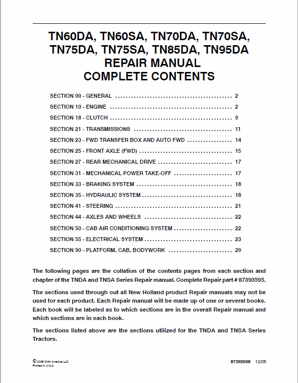 New Holland TN60SA, TN70SA, TN75SA Tractor Service Manual Workshop Guide
