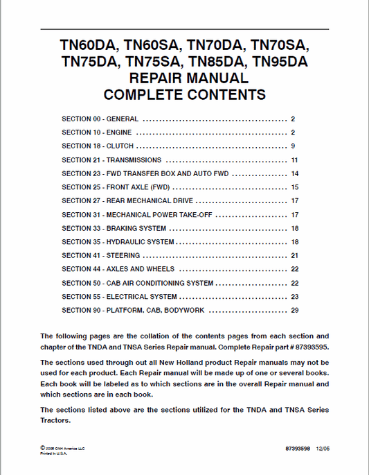 New Holland TN60SA, TN70SA, TN75SA Tractor Service Manual Workshop Guide