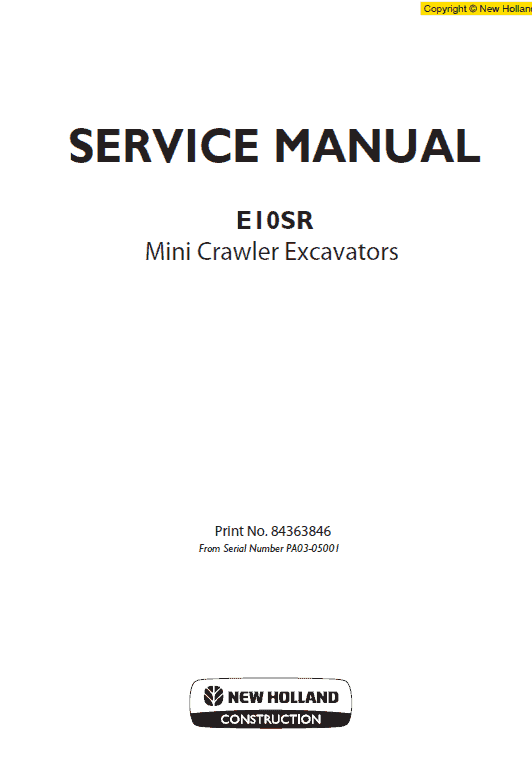 New Holland E10SR Mini Excavator Service Manual Workshop Guide