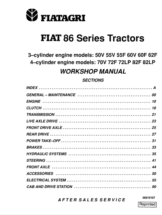 Fiat 70V, 72F, 72LP, 82F, 82LP Tractor Service Manual Workshop Guide
