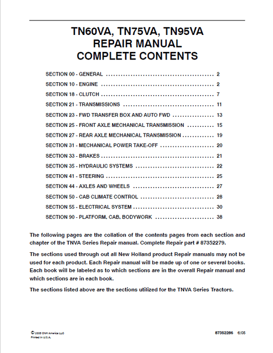 New Holland TN60VA, TN75VA, TN95VA Tractor Service Manual Workshop Guide