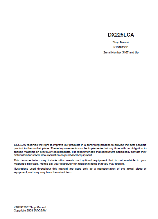 Doosan DX255LCA Excavator Service Manual Workshop Guide