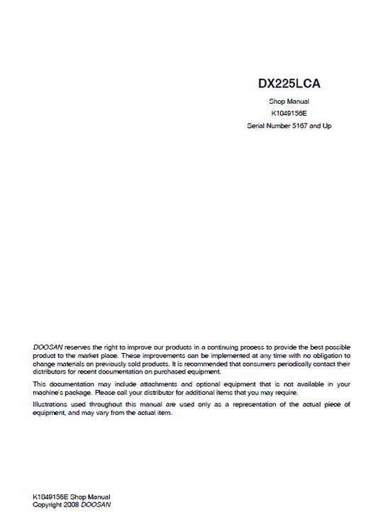 Doosan DX255LCA Excavator Service Manual Workshop Guide