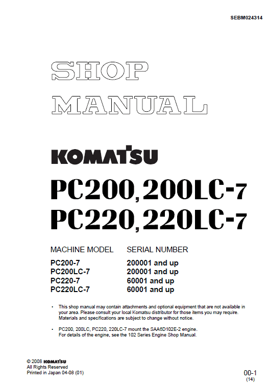 Komatsu PC220-7, PC220LC-7 Excavator Service Manual Workshop Guide