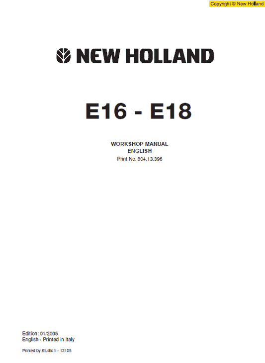 New Holland E16 and E18 Mini Excavator Service Manual Workshop Guide