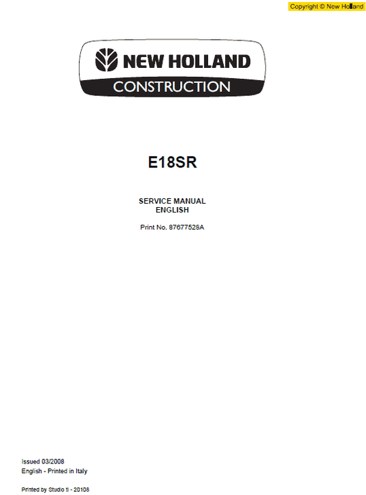 New Holland E18SR Mini Excavator Repair Service Manual Workshop Guide