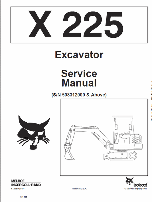 Bobcat X225 Excavator Service Manual Workshop Guide