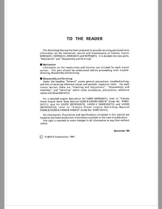 Kubota M4950, M5950, M6950, M7950 Tractor Workshop Service Repair Manual