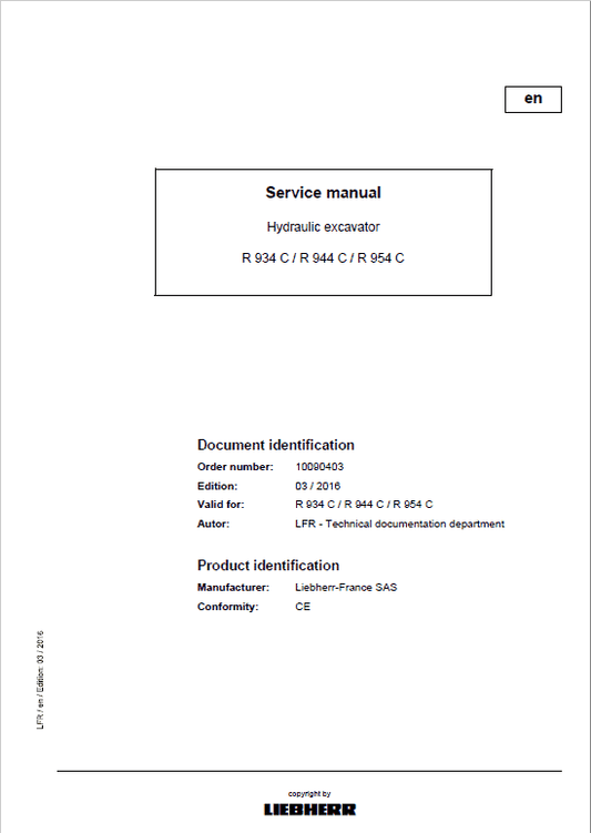 Liebherr A934C, R934C, R944C, R954C Litronic Excavator Service Manual