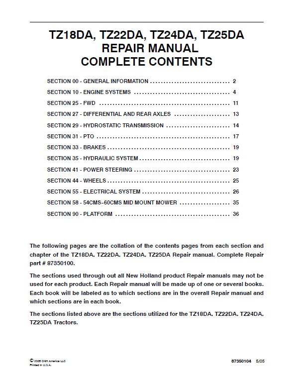 New Holland TZ18DA, TZ22DA, TZ24DA, TZ25DA Tractor Service Manual Workshop Guide