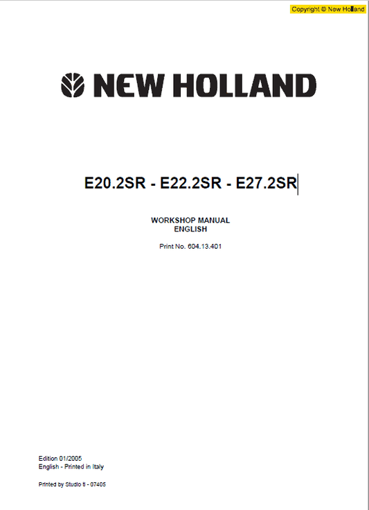 New Holland E20.2SR, E22.2SR and E27.2SR Mini Excavator Manual Workshop Guide