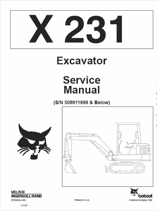 Bobcat X231 Excavator Service Manual Workshop Guide