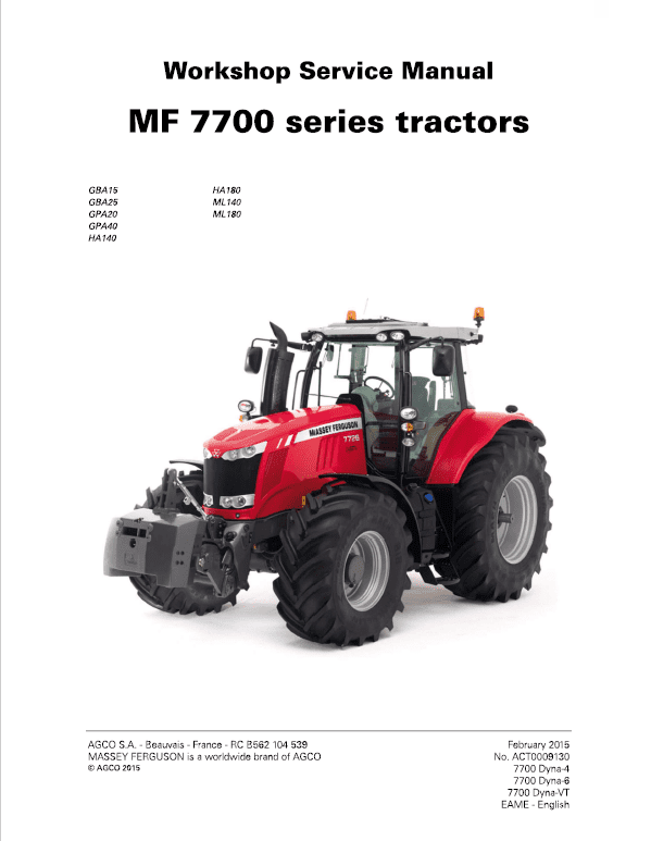 Massey Ferguson 7719, 7720, 7722, 7724, 7726 Tractor Service Manual Workshop Guide