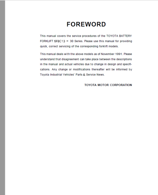 Toyota 5FBC13, 30-5FBC13, 5FBC15, 30-5FBC15, 5FBC18, 30-5FBC18 Forklift Repair Manual