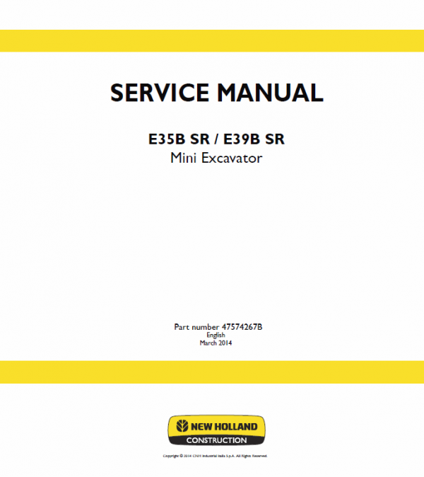 New Holland E35BSR, E39BSR Mini Excavator Service Manual Workshop Guide