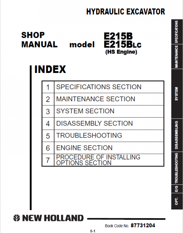 New Holland E215B Excavator Service Manual Workshop Guide