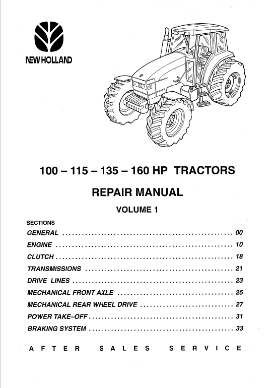 New Holland 100 HP, 115 HP, 135 HP, 160 HP Tractor Service Manual Workshop Guide