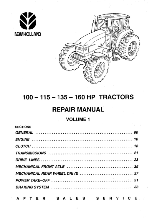 New Holland 100 HP, 115 HP, 135 HP, 160 HP Tractor Service Manual Workshop Guide