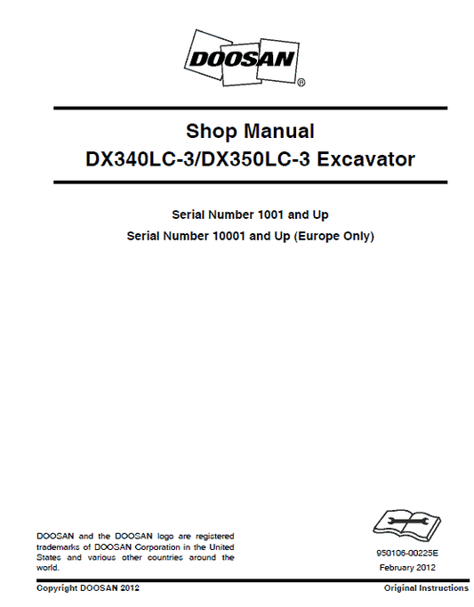 Doosan DX340LC-3 and DX350LC-3 Excavator Service Manual Workshop Guide