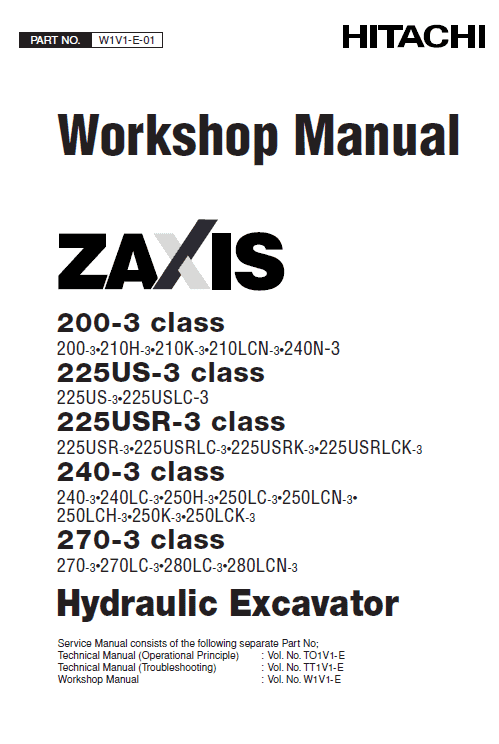 Hitachi ZAXIS ZX200-3, ZX240-3 and ZX270-3 Excavator Repair Manual Workshop Guide