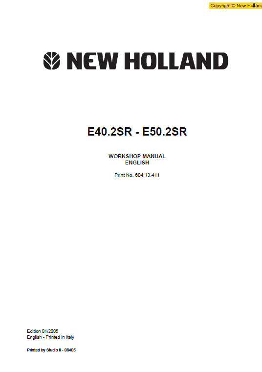 New Holland E40.2SR and E50.2SR Mini Excavator Service Manual Workshop Guide