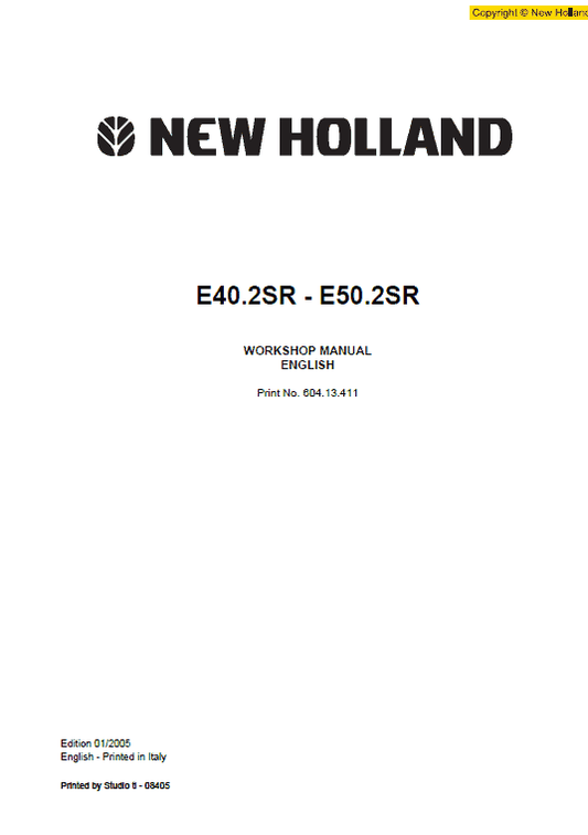 New Holland E40.2SR and E50.2SR Mini Excavator Service Manual Workshop Guide