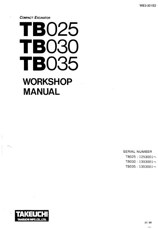 Takeuchi TB025, TB030 and TB035 Excavator Service Manual Workshop Guide