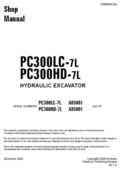 Komatsu PC300LC-7L, PC300HD-7L Excavator Service Manual Workshop Guide