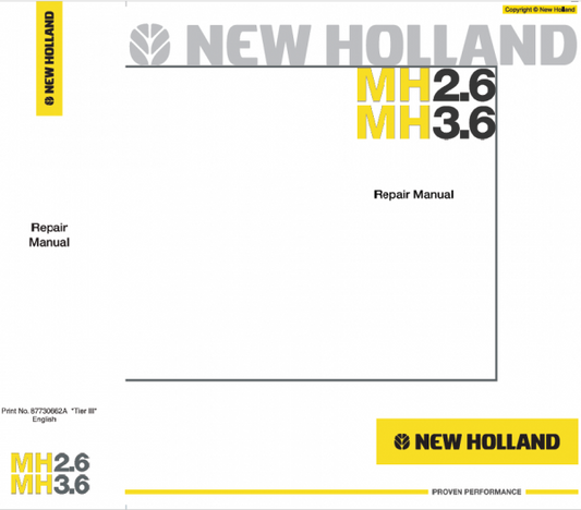 New Holland MH2.6 and MH3.6 Tier 3 Wheeled Excavator Manual Workshop Guide