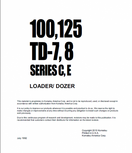 Komatsu Dresser 100C, 100E ,125C and 125E Dozer Service Manual Workshop Guide