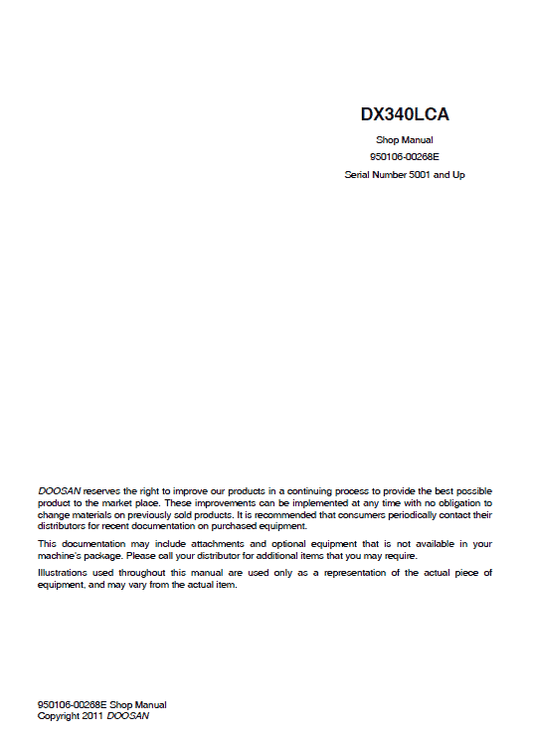 Doosan DX340LCA Excavator Service Manual Workshop Guide