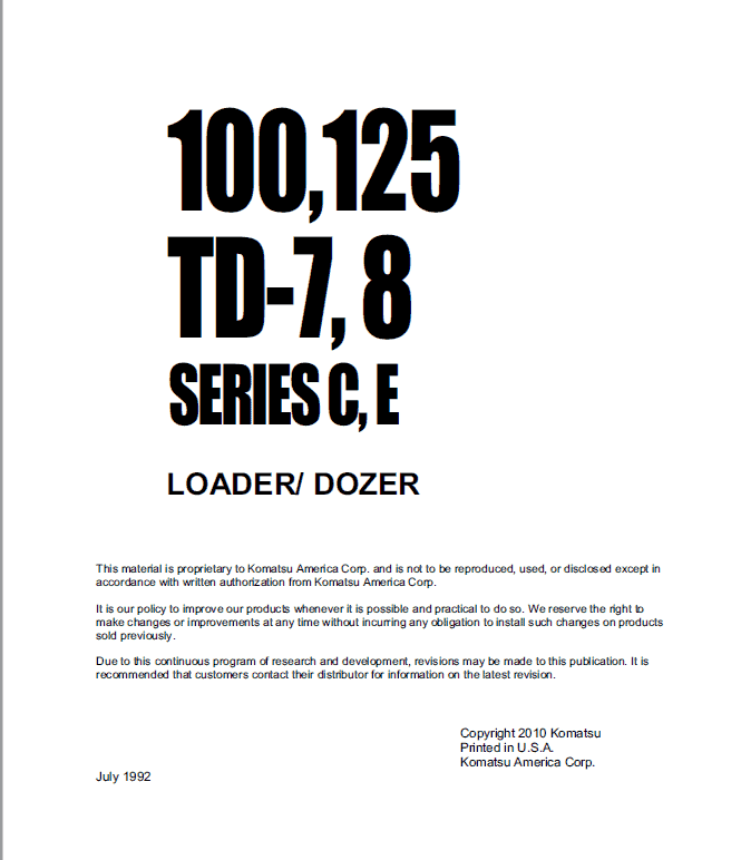 Komatsu Dresser 100C, 100E ,125C and 125E Dozer Service Manual Workshop Guide
