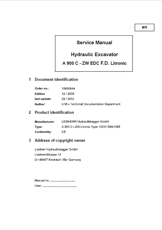 Liebherrr A900C ZW Litronic Tier 3 Excavator Service Manual