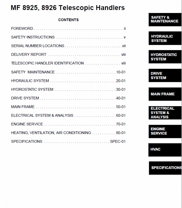 Massey Ferguson MF 8925, 8926 Telescopic Handlers Service Manual Workshop Guide