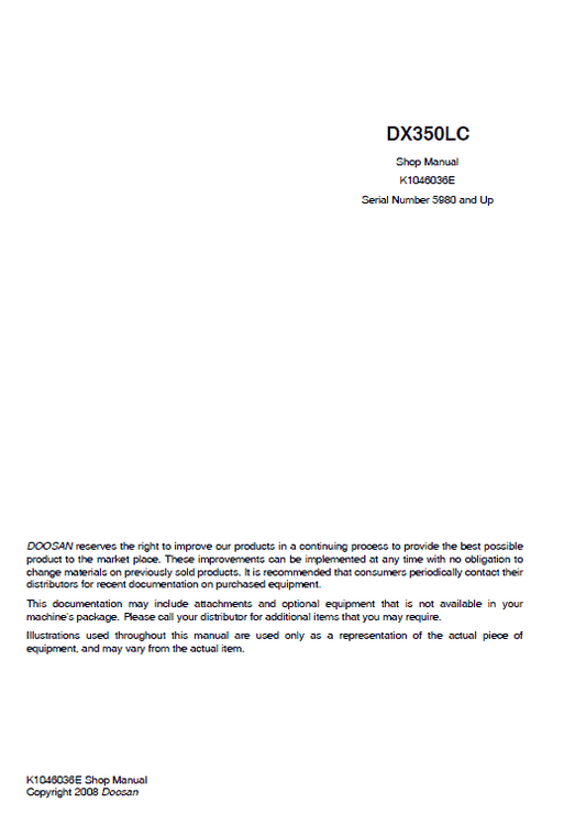 Doosan DX350LC Excavator Service Manual Workshop Guide
