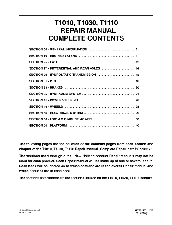 New Holland T1010, T1030, T1110 Tractor Service Manual Workshop Guide