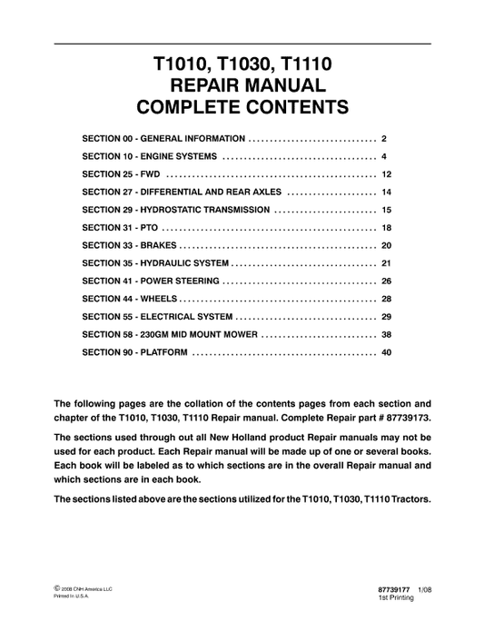 New Holland T1010, T1030, T1110 Tractor Service Manual Workshop Guide