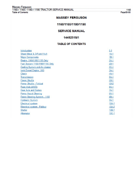 Massey Ferguson 1160, 1180, 1190 Tractor Service Manual Workshop Guide