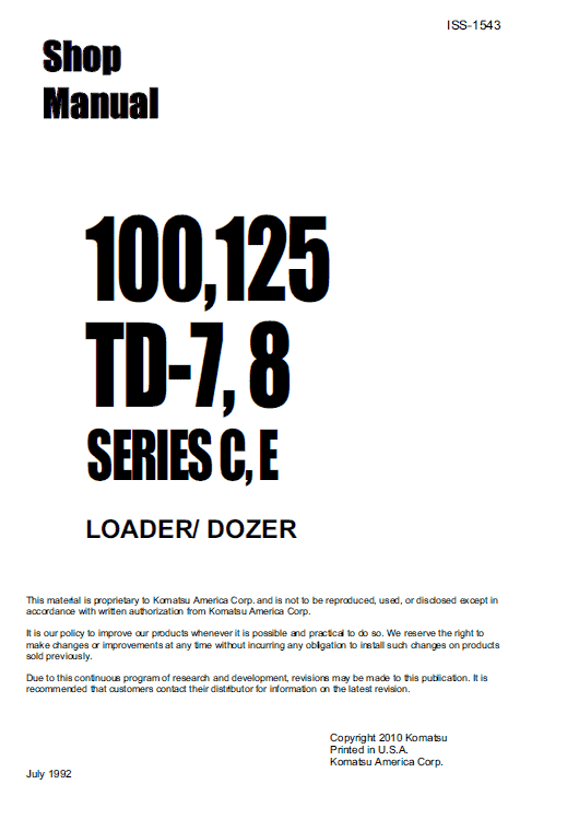 Komatsu Dresser TD7C, TD7E, TD8C and TD8E Dozer Service Manual Workshop Guide